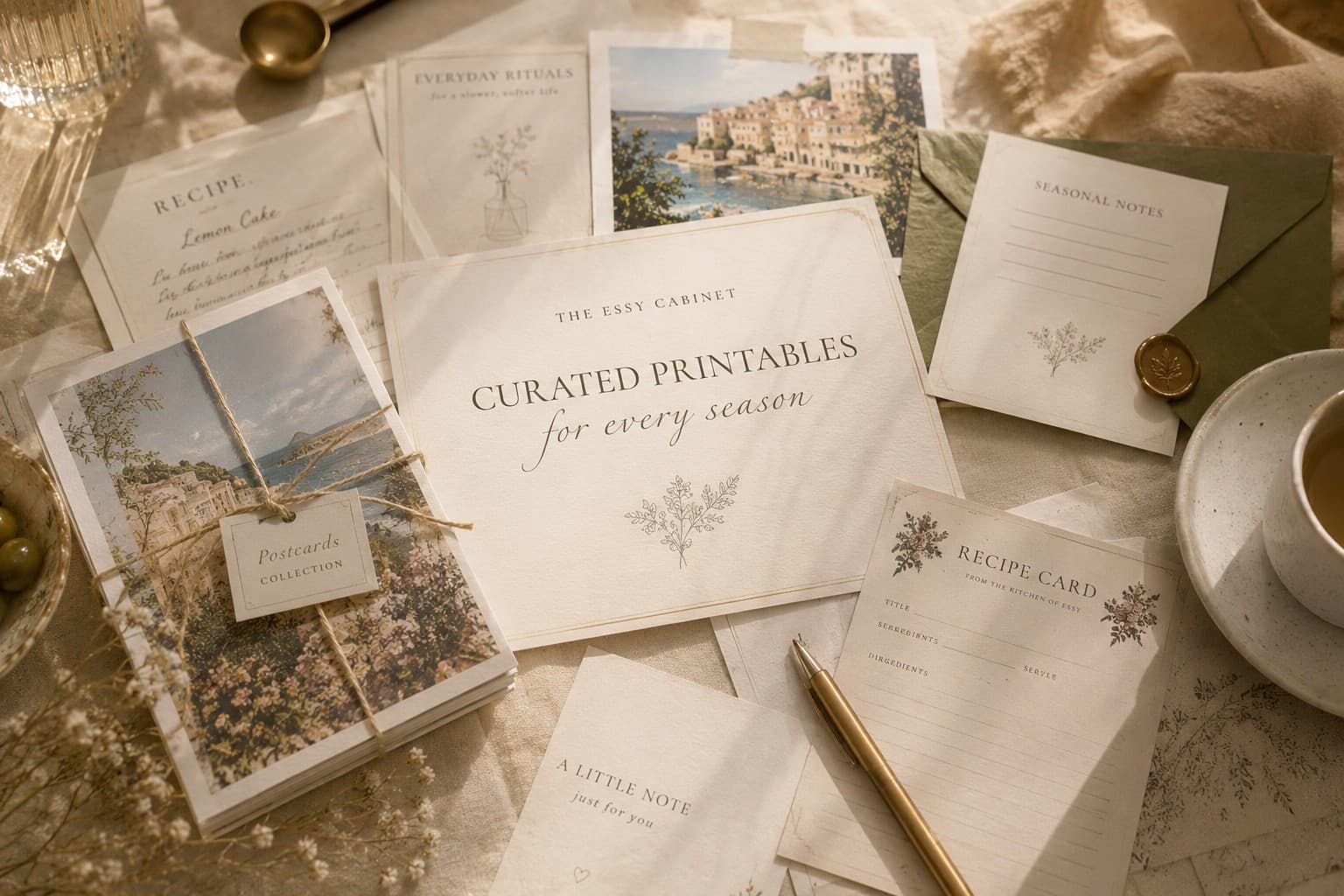 A flatlay of Essy Cabinet printables - recipe cards, a postcard collection tied with twine, seasonal note cards, a wax-sealed envelope and a gold pen - titled "The Essy Cabinet: Curated Printables for every season".