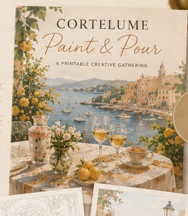 The Cortelume Paint & Pour cover: a golden-hour harbour table set with wine glasses, lemons and a teacup, with two of the paintable art sheets laid beside it.