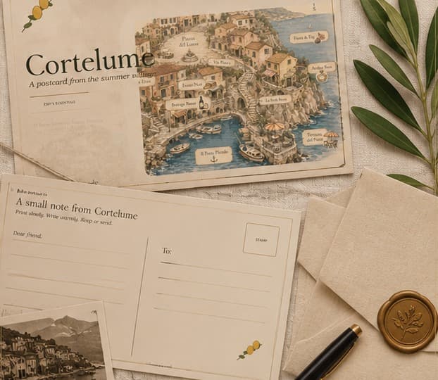 A flat lay of the Cortelume postcard, map and a small black-and-white harbour photo on linen, with an olive branch, a wax-sealed envelope and a pen.