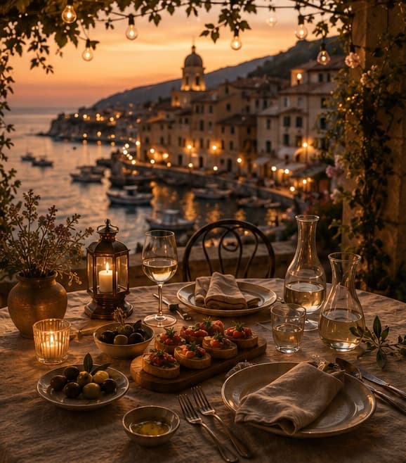 A candlelit terrace dinner table set with wine, olives, crostini and linen, string lights overhead and a harbour village glowing at dusk below.