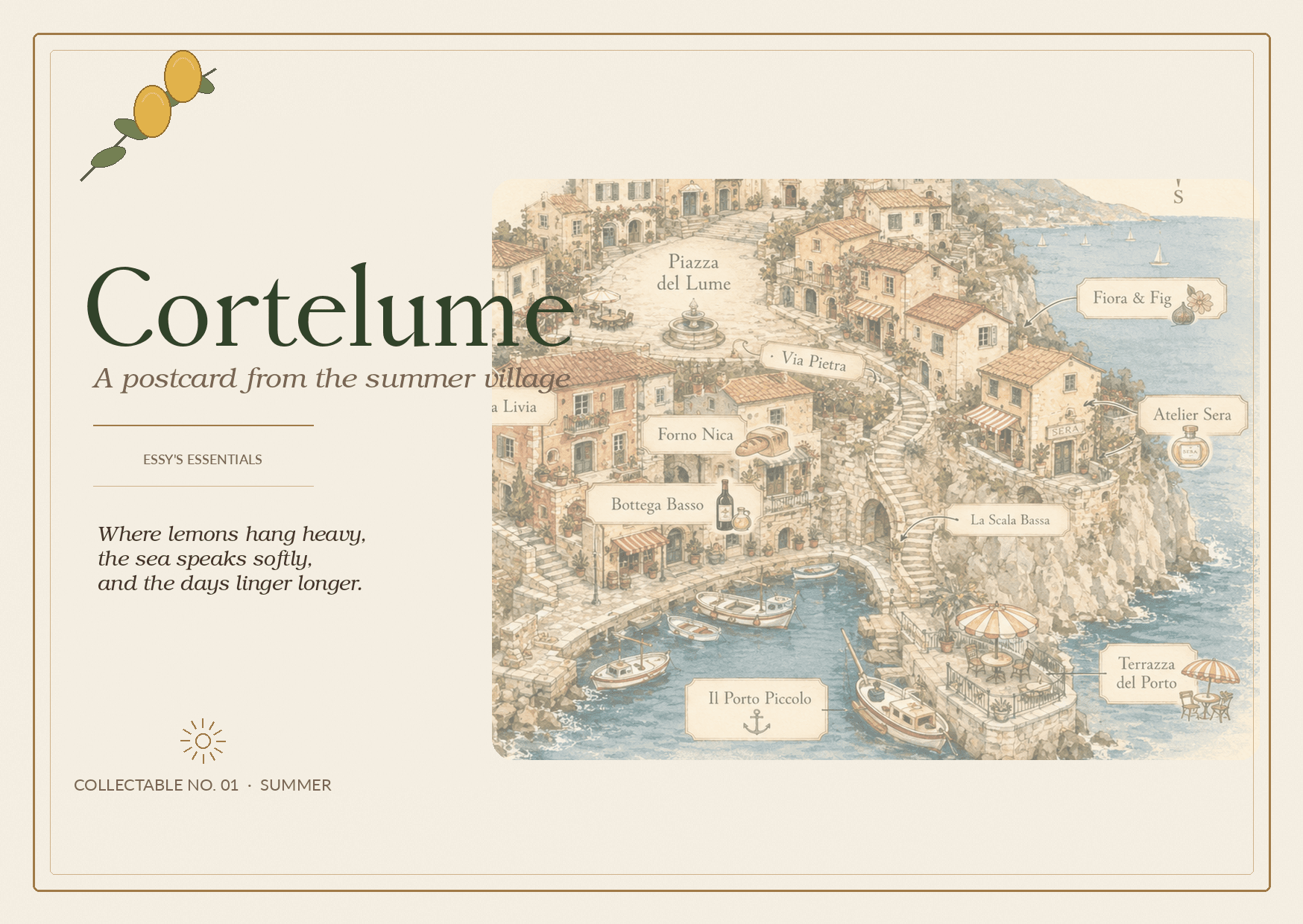 The front of an illustrated Cortelume postcard: the village map on warm cream paper, a sprig of lemons, and the line "A postcard from the summer village", marked Collectable No. 01, Summer.