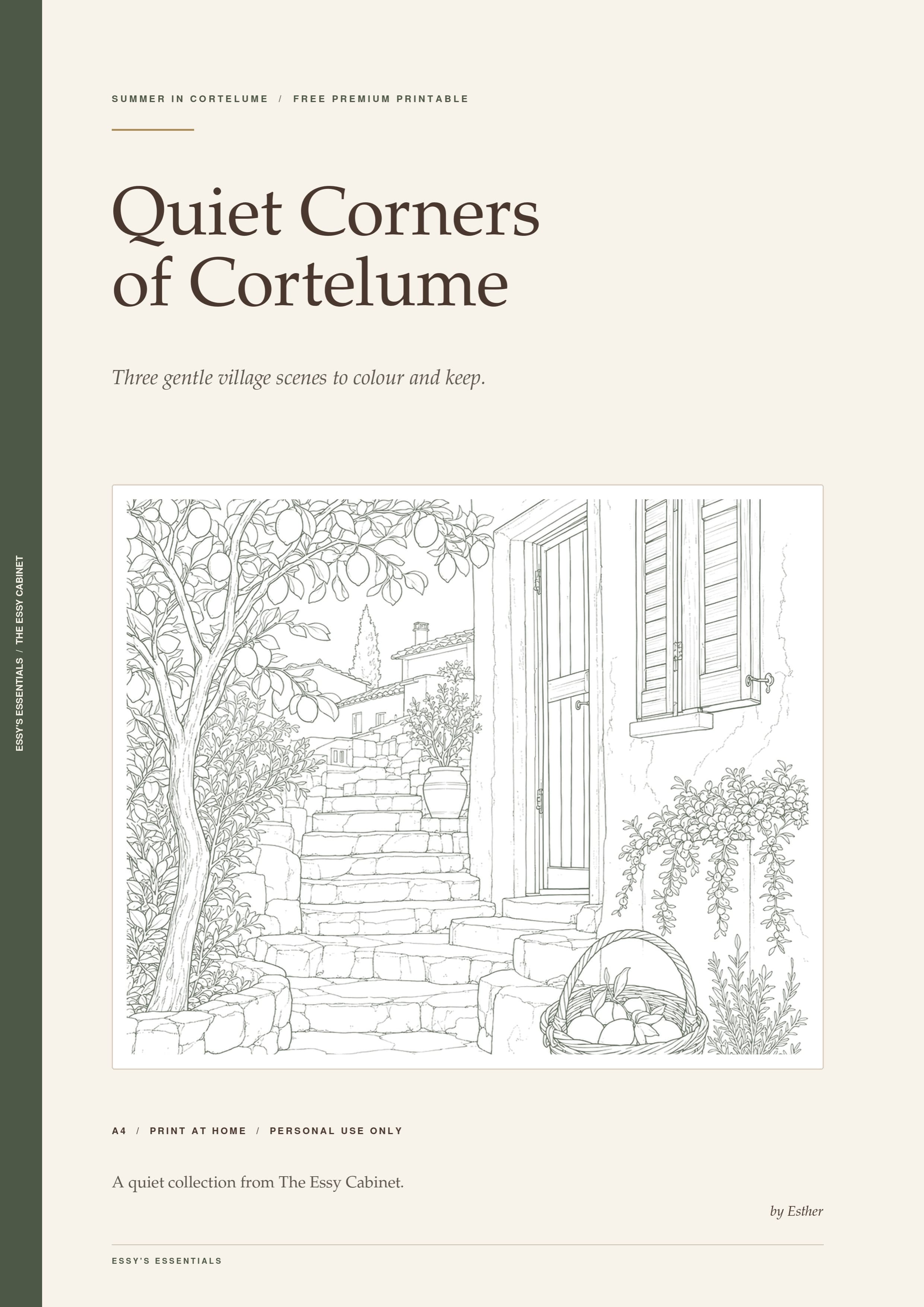 Cover of Quiet Corners of Cortelume, a free printable collection of three village colouring scenes.