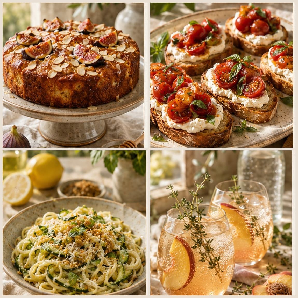 A four-photo grid of dishes from the bundle: honeyed fig and almond cake, tomato butter crostini with whipped ricotta, courgette pasta with toasted breadcrumbs, and a peach thyme sparkling water cooler.