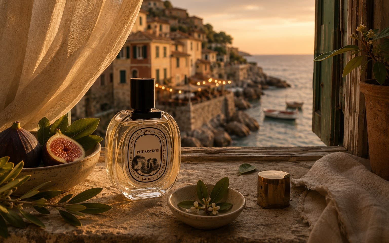 A perfume bottle and a bowl of figs on a stone windowsill at golden hour, a sheer curtain moving in the breeze, a coastal village and the sea visible through the open window.