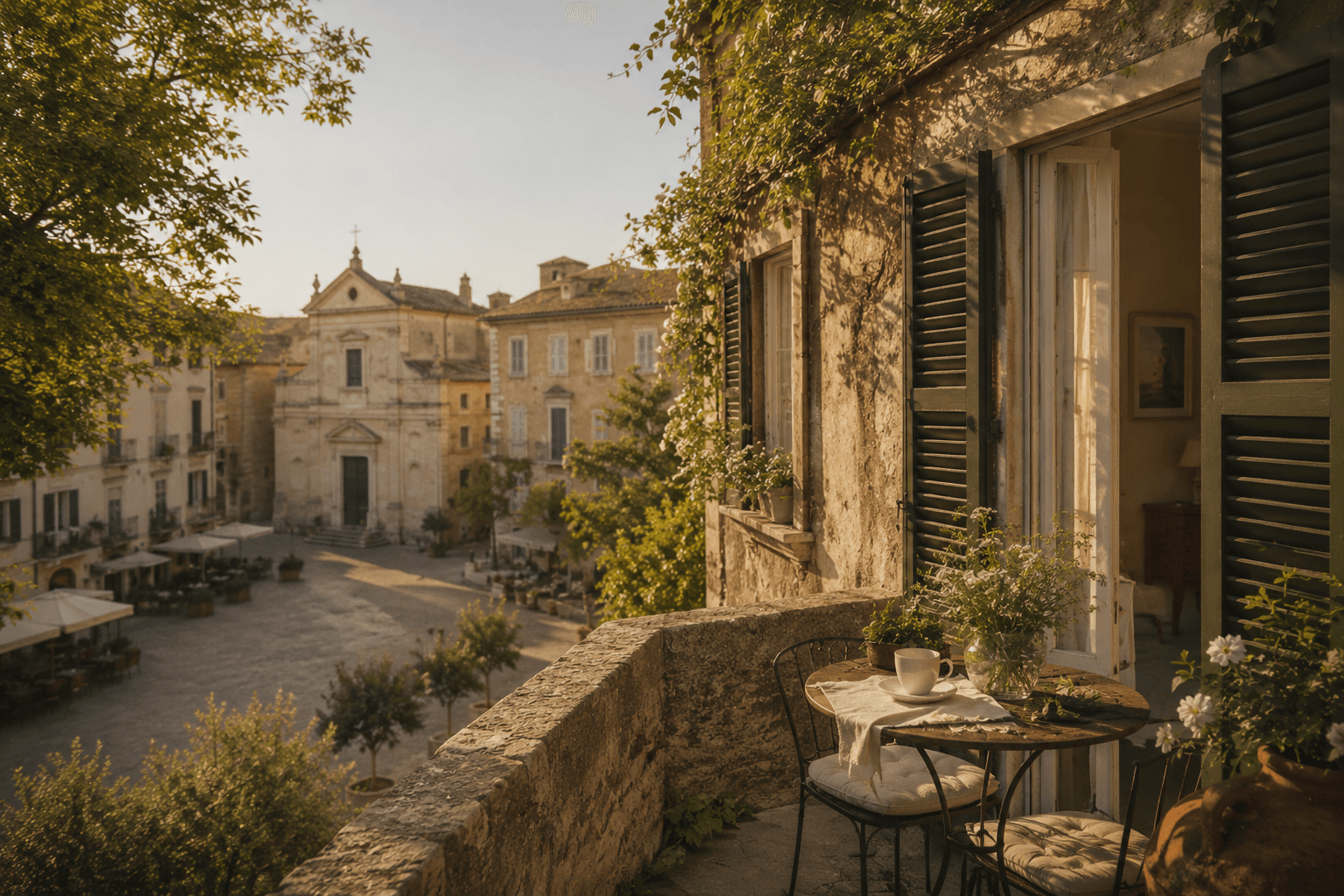A sunlit stone house above a small Mediterranean piazza, old sage-green shutters open, linen curtains moving softly, a terrace table with two coffee cups, lemons, bread and honey in warm morning light.
